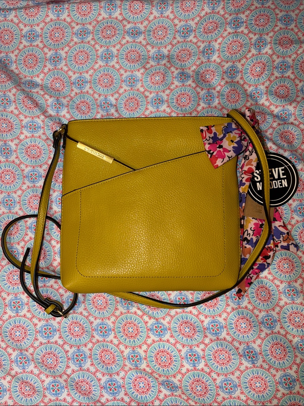 Steve Madden Mustard Yellow Crossbody with Floral Scarf Accent